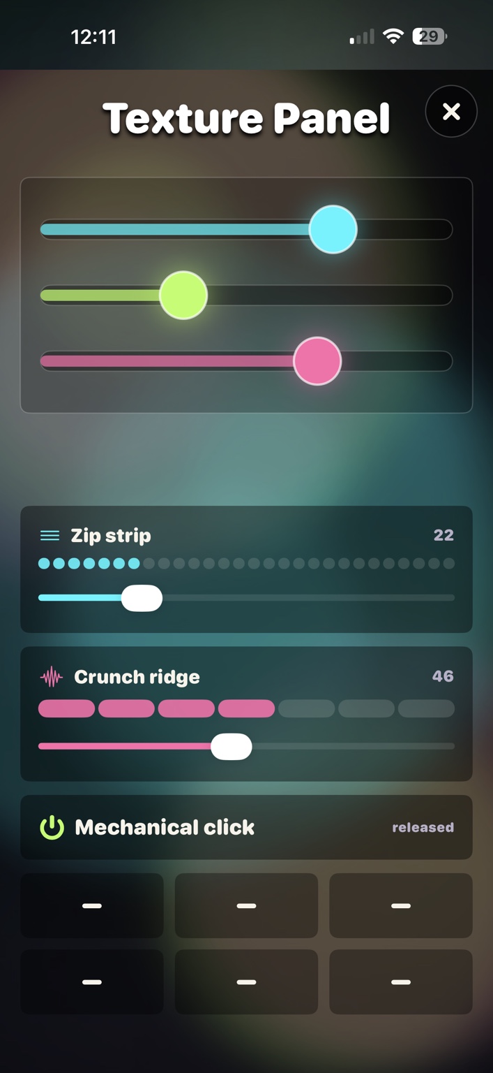 FidgetFlow Texture Panel screen with sliders and tactile controls.